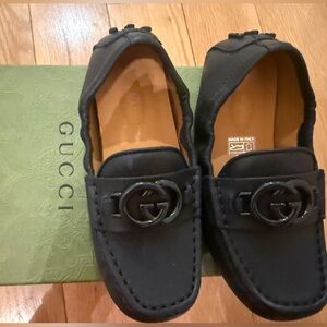 Gucci Blue Moccasin Leather Clove Calf Soft Black Double G Detail Kids